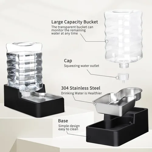 Miniatura 4 de RIZZARI Comedero automático de agua para mascotas de acero inoxidable: Dispensador automático a prueba de fugas por gravedad de 8.5L en color negro