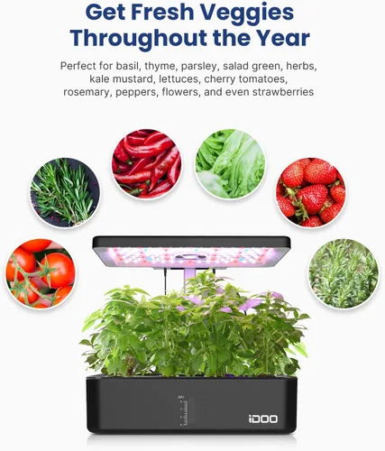 Miniatura 9 de Kit de sistema de cultivo hidropónico iDOO 12 vainas, sistema de jardín de hierbas interior, con luz de crecimiento LED, ventilador integrado