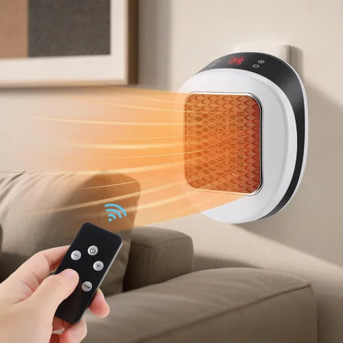Miniatura 4 de Calentador de espacio portátil enchufable, 600 W, calentador de pared pequeño para uso en interiores, control remoto, temporizador de 12 horas, modo