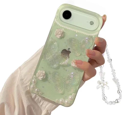 Miniatura 12 de Funda compatible con iPhone 13 Mini 3D, diseño floral de mariposa, transparente con diseño estético, fundas protectoras con purpurina y cristales
