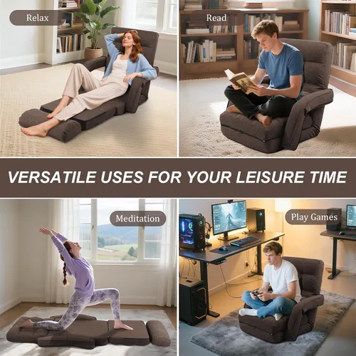 Miniatura 7 de Silla de suelo ajustable para adultos con apoyo trasero, sofá plegable de 5 posiciones con almohada, silla de juegos y meditación con tela
