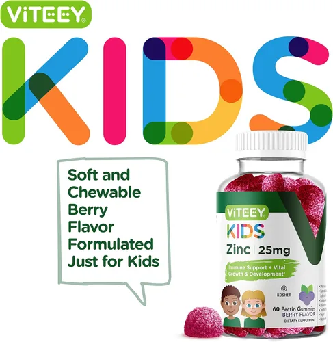 Miniatura 2 de Viteey Gomitas de zinc para niños, 25 mg - Apoyo inmunológico - Potente antioxidante natural, suplemento de vitamina de zinc para niños, vegano, sin