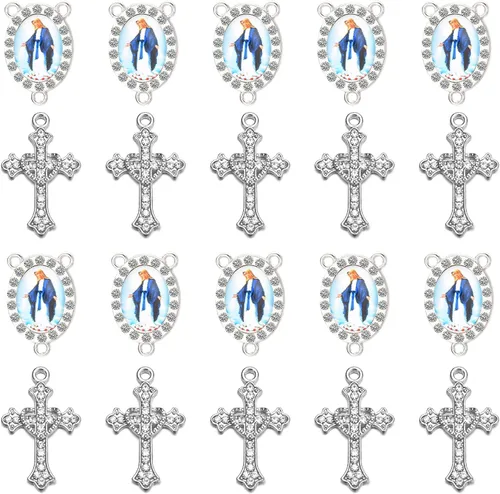 Miniatura 16 de Juego de 20 piezas de conectores de medalla de santos católicos con diamantes de imitación y dijes de cruz de cristal para suministros religiosos