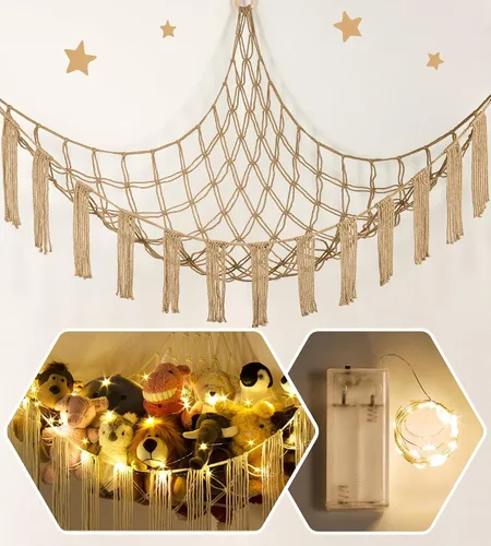 Miniatura 20 de RelaxScene Hamaca esquinera de animales de peluche con luz LED, hamaca de almacenamiento de juguetes, red de peluche grande, organizador colgante