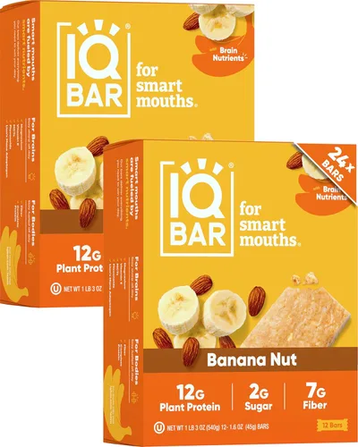 IQBAR - Barras de proteínas para el cerebro y el cuerpo a base de plantas - Banana y nuez - 24 unidades - Keto, veganas, bajas en carbohidratos,