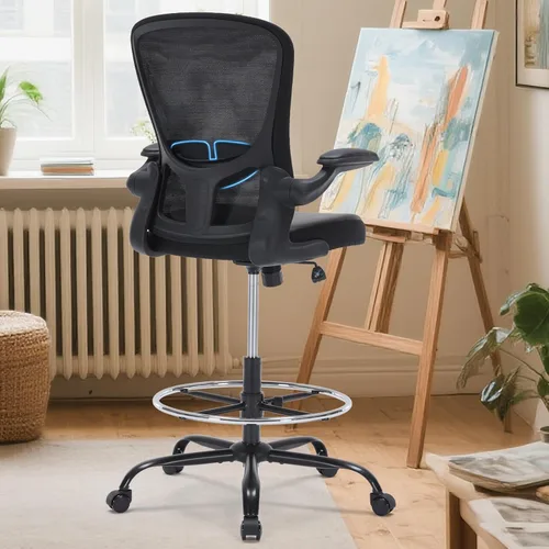 Silla de dibujo alta de oficina con brazos abatibles, altura ajustable, silla de escritorio de pie con soporte lumbar y anillo reposapiés, silla