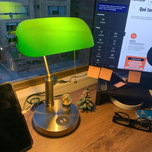 Miniatura 5 de FIRVRE Lámpara de Escritorio de Banco de Vidrio con Puerto de Carga Inalámbrica USB Lámpara de Escritorio LED Lámpara de Mesa con Cadena de Tirón
