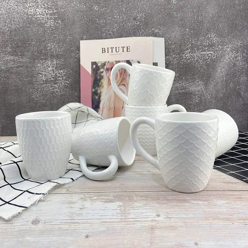 Miniatura 7 de Schliersee Juego de 6 tazas de café de cerámica blanca de 12 onzas, elegantes tazas de café en relieve para café, té, leche, cacao, cereales Tazas