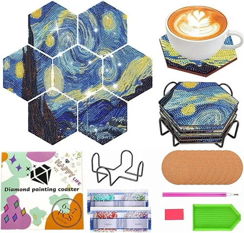 Posavasos de arte de diamante Van Gogh Starry Night, 7 posavasos hexagonales con soporte, pequeños kits de pintura de diamantes para adultos
