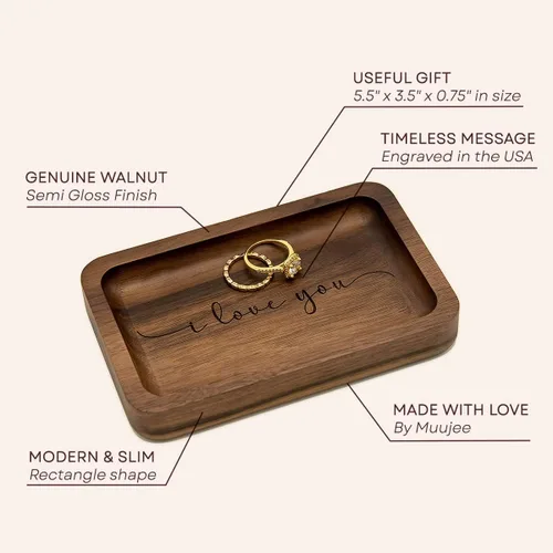 Miniatura 2 de MUUJEE Plato para anillos con texto en inglés "I love you" (I love you) - Bandeja rectangular de madera grabada para joyas de 5 años, ideas