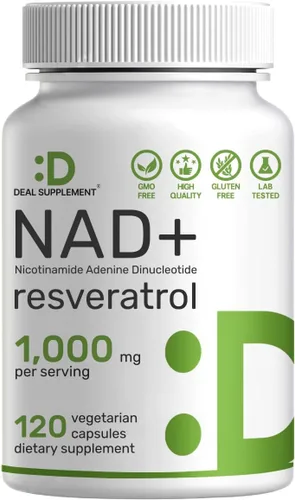 Suplemento de resveratrol NAD+ de 1,000 mg por porción, 120 cápsulas vegetarianas | Alternativa de suplemento NMN extra fuerte 2 en 1 | Suplementos