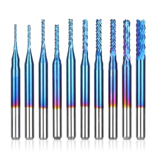 SainSmart Genmitsu 10 brocas de fresadora CNC de capa nano azul, vástago de 0.031-0.118 in, vástago de 1/8 pulgadas
