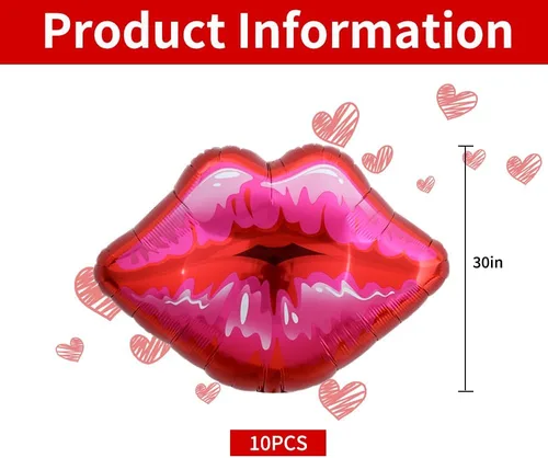 Miniatura 2 de Paquete de 10 globos grandes de labios rojos y rosados, globos de corazón para decoración de fiestas temáticas de maquillaje, aniversario, Kiss the