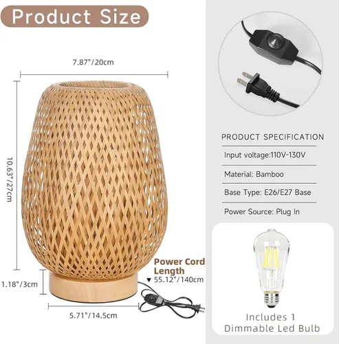 Miniatura 5 de Lámpara de mesa de ratán bohemia, regulable y pequeña al lado de la lámpara, mesita de noche de madera de mimbre natural, estilo bohemio, de bambú