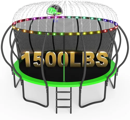 Miniatura 8 de SKYUP Tranpoline de 8 10 12 14 15 16 pies 1500 libras para niños y adultos con luz+rociador+calcetines, tranpolina recreativa con aro de baloncesto