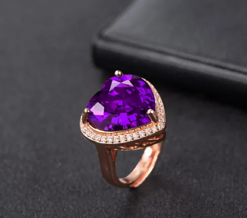Miniatura 4 de Anillo de amatista morada con forma de corazón enorme para mujer, con diamantes de imitación, compromiso de boda, compromiso, anillo de apertura