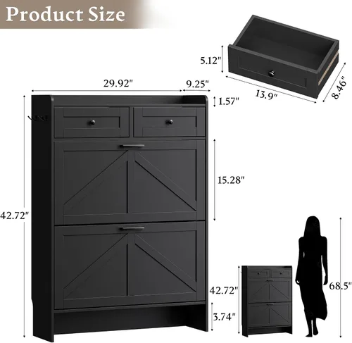 Miniatura 2 de BORNOON Gabinete de Almacenamiento de Zapatos para Entrada, Gabinete Estrecho de Zapatos Estilo Granja con 2 Cajones Abatibles y Cajones Superiores