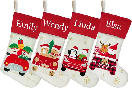 Miniatura 12 de Juego de 3, medias de Navidad personalizadas de 18 pulgadas con tecnología de bordado, diseños de Papá Noel, muñeco de nieve y renos para decoración