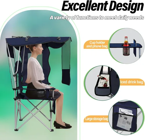 Miniatura 5 de Silla de camping BDL con toldo plegable portátil, sillas de playa con enfriador, respaldo de malla, portavasos y bolsillo para acampar, pesca, playa