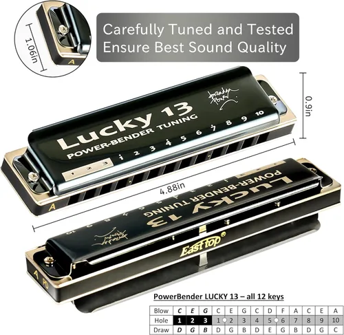 Miniatura 4 de East top Lucky 13 Bass Plus Blues Armónica 13 Agujeros Diatónica Arpa Boca Órgano Profesional Instrumentos Musicales PowerBender Una llave