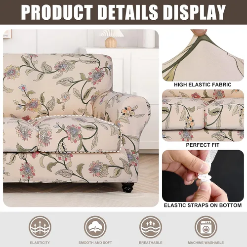 Miniatura 2 de SearchI Funda elástica para sofá con estampado, Fundas impresas para sofá, Funda de sillón con patrón floral, 2 piezas, Funda elástica para sillón