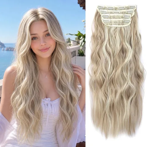 Miniatura 32 de Extensiones de cabello sintético con pinzas, largas y lacias, gruesas, extensiones de cabello natural de fibra de color rubio 613 de doble trama, 20