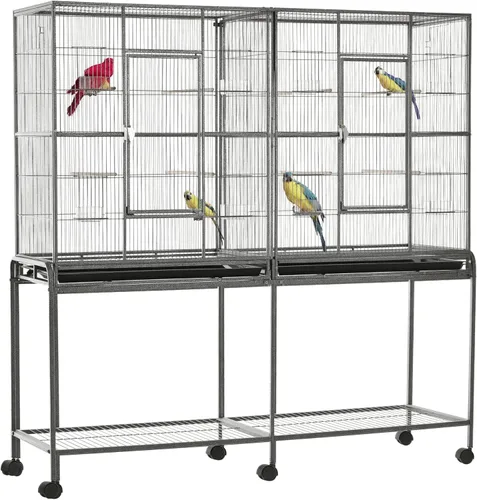 PawHut Jaula para pájaros de metal doble de 65 pulgadas con división, jaula grande para loros para periquitos, canarios, tortolitos, periquitos,
