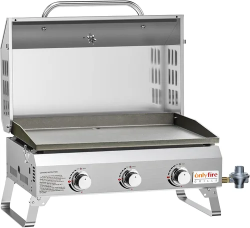 Miniatura 10 de ONLYFIRE GRILLS Plancha portátil de gas propano de 3 quemadores con carrito plegable y mesa auxiliar, parrilla de gas plana con tapa, para cocinar