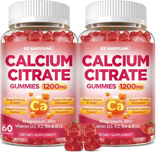 Gomitas de citrato de calcio - Suplementos de 1200 mg de calcio en gomitas para mujeres y hombres con vitamina D3, K2, magnesio, zinc de alta