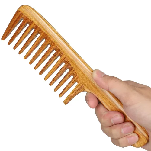 Miniatura 4 de Onedor Peine de pelo de sándalo verde natural, peine desenredante extragrande, 100% natural, antiestático, hecho a mano, marrón claro, para todas