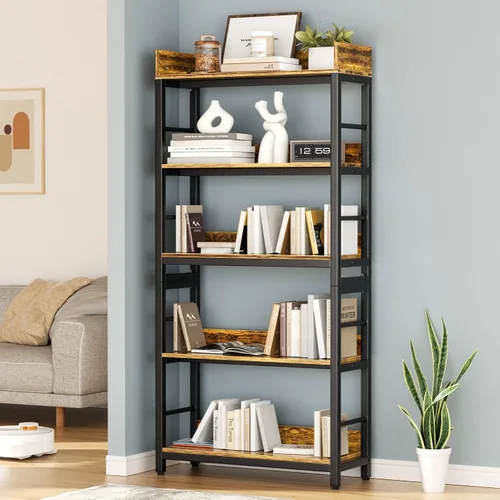 Miniatura 6 de Aquzee Librería, 66 "H 5-Tiers Heavy Duty Industrial Estantería de Madera y Metal, Rústica y Negro Unidades de Estante Alto para el Hogar, Oficina