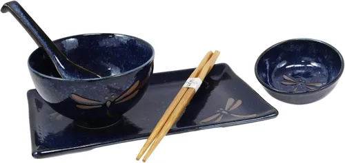 Miniatura 5 de Ebros Gift Juego de 10 platos japoneses de porcelana azul Tombo Dragonfly para sushi para 2 personas, pares de platos de sushi, cuencos de sopa