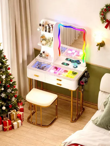 Miniatura 10 de Mesa de Tocador RGB para Maquillaje con Estación de Carga Inalámbrica, Escritorio de Tocador con Espejo Iluminado y Silla, 8 Cajones, Taburete, Mesa