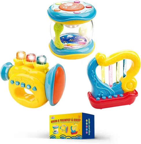 WEofferwhatYOUwant Juego de instrumentos musicales para bebé, paquete de 3 piezas de arpa de tambor de trompeta con luces, canciones, canciones de
