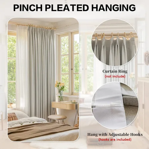 Miniatura 3 de HUTO Cortina plisada opaca completa con alzapaños, cortina de lino sintético extra ancha para patio, dormitorio, sala de estar, abedul blanco, 84