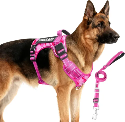 Miniatura 16 de Juego de arnés táctico para perros y correa para perros grandes, chaleco de perro de servicio resistente sin tirones y 10 parches con cinturón