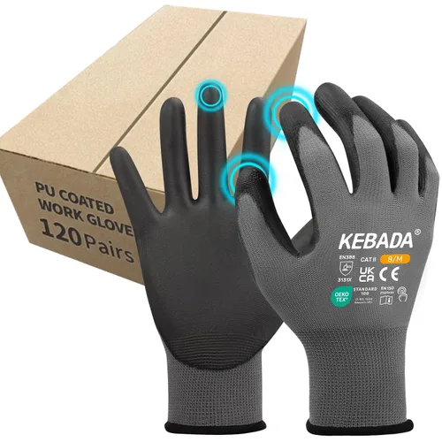 Miniatura 12 de Kebada Guantes de trabajo de seguridad, paquete de 120 pares a granel, pantalla táctil, revestimiento de poliuretano, ideales para almacén, Negro