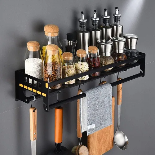 Miniatura 7 de Organizador de especias de acero inoxidable montado en la pared con 5 ganchos para utensilios, acabado negro cepillado, estante de almacenamiento