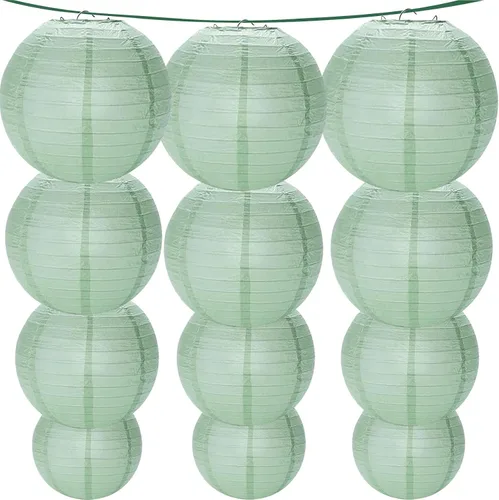 Faroles de papel verde salvia, 12 linternas colgantes para fiestas de cumpleaños, bodas, decoración del hogar, decoración festiva de baby shower