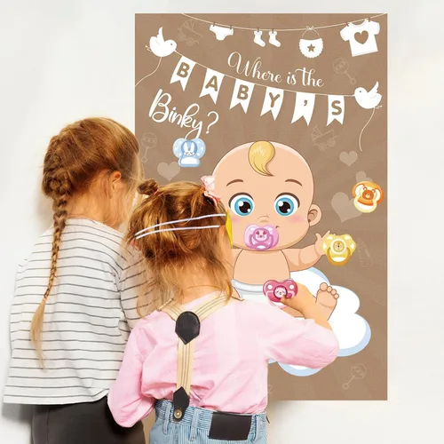 Miniatura 7 de Pin The Pacifier On The Baby Game Póster de juegos de chupetes con 64 calcomanías para chupetes para baby shower, regalos de fiesta, suministros