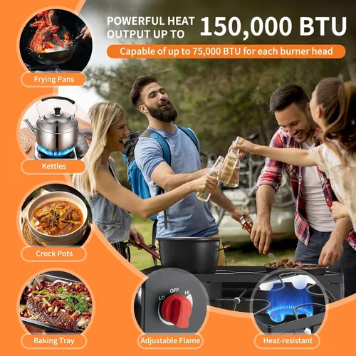 Miniatura 3 de Estufa de gas de 2 quemadores, quemador de propano para exteriores de alta presión con patas desmontables, estufa de campamento de 150,000 BTU