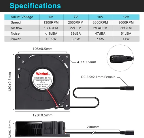 Miniatura 2 de Wathai - Ventilador centrífugo de soplado de 120 mm x 32 mm, ventilador con alimentación de 110 V 220 V CA, controlador de velocidad de 4 V a 12 V