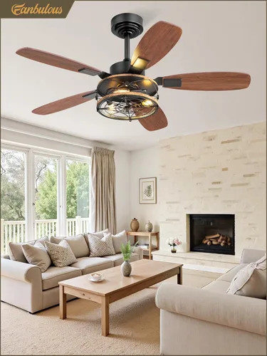 Miniatura 7 de Fanbulous - Ventilador de techo de granja con luz y control remoto, ventiladores de techo industriales enjaulados con motor reversible de 6 Negro