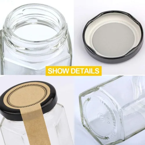 Miniatura 2 de Tarros hexagonales transparentes de 4 onzas, pequeños frascos de vidrio para miel con tapas (negras), tarros Mason para hierbas, alimentos