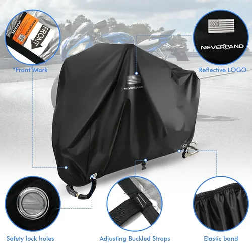 Miniatura 4 de NEVERLAND Funda impermeable para motocicleta al aire libre – Funda negra resistente para scooter, cubierta de motocicleta con logotipo reflectante