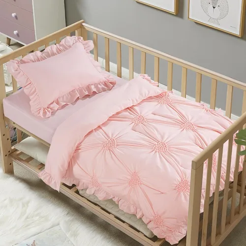 HOMBYS Juego de ropa de cama de 3 piezas para cuna de princesa rosa para niñas, juego de edredón ultra suave rosa con pliegues pellizcados y