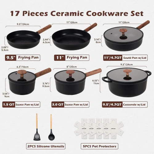 Miniatura 2 de JEETEE Juego de utensilios de cocina de cerámica de 17 piezas, juego de ollas y sartenes saludables antiadherentes, juego de cocina de inducción
