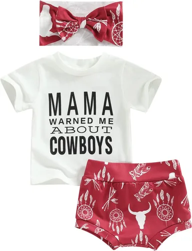Mandizy Ropa para bebé recién nacida, ropa de verano con estampado de vaquera occidental, camiseta de manga corta, pantalones cortos con diadema, 3
