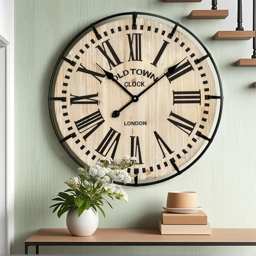 Miniatura 14 de EMAX HOME Reloj de pared grande de granja de 20 pulgadas, cara de grano de madera envejecida negra rústica con números romanos blancos, movimiento