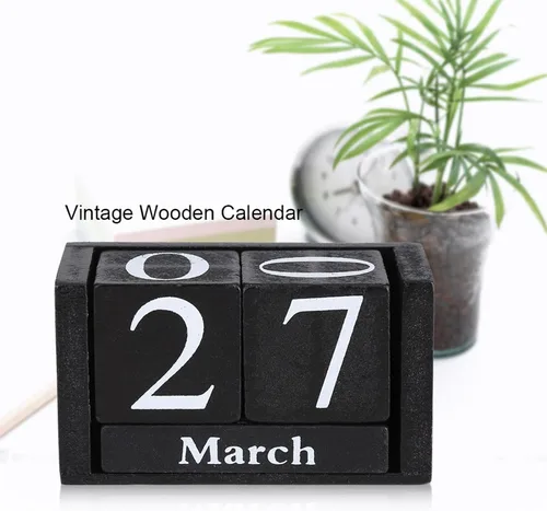 Miniatura 5 de Calendario de madera vintage, calendario perpetuo de escritorio, calendario de madera vintage, bloque de madera de escritorio, fecha de mes, Negro
